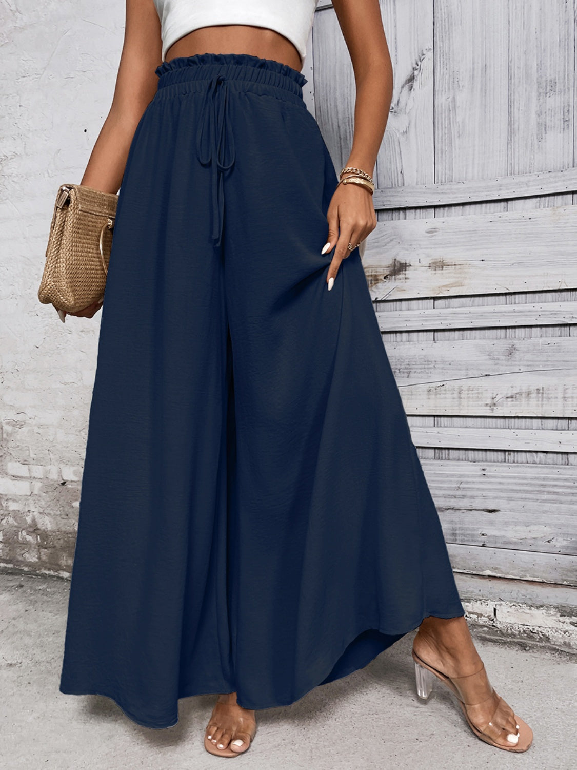 Honey Tied High Waist Wide Leg Pants dark blue