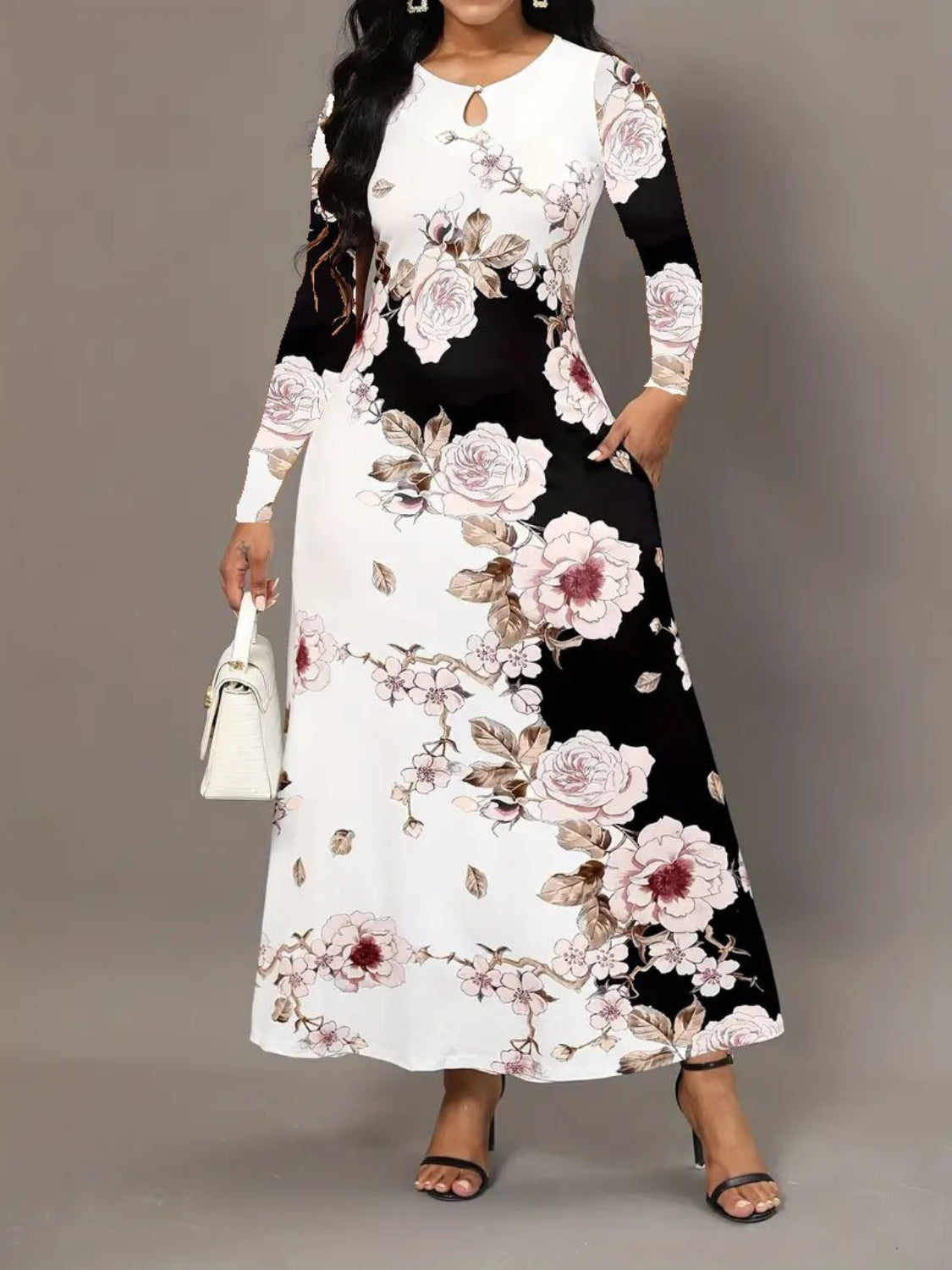 Pocketed Printed Long Sleeve Dress front 2