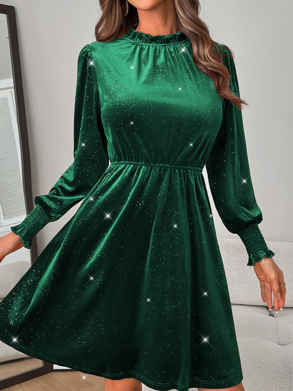 Glitter Mock Neck Long Sleeve Top green