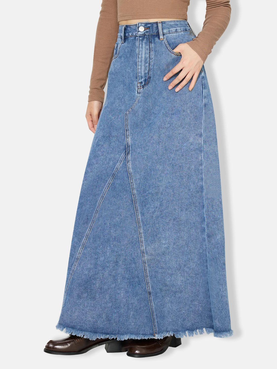 Raw Hem Maxi Denim Skirt front