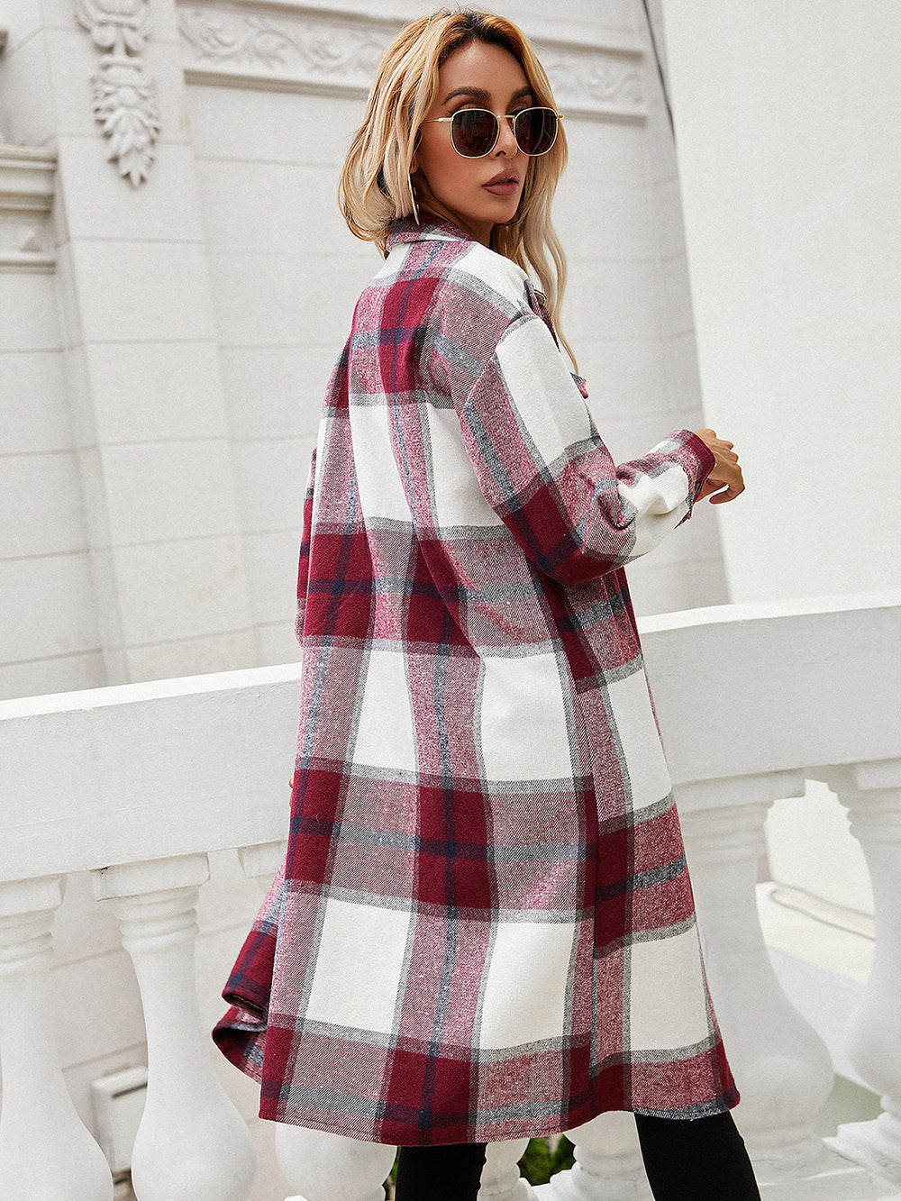 Ivy Lane Plaid Longline Shirt Jacket back