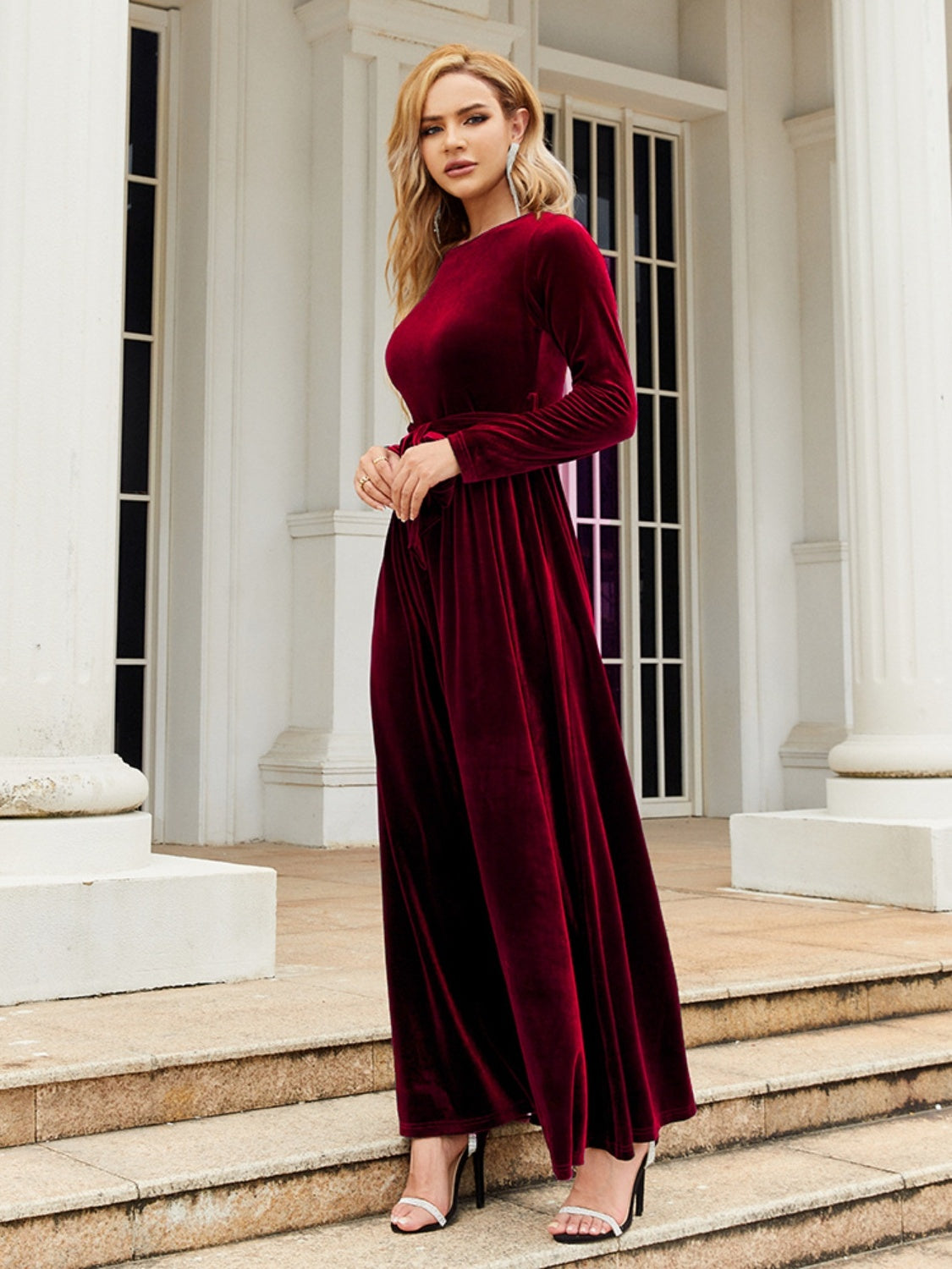 Tie Front Round Neck Long Sleeve Maxi Dress side