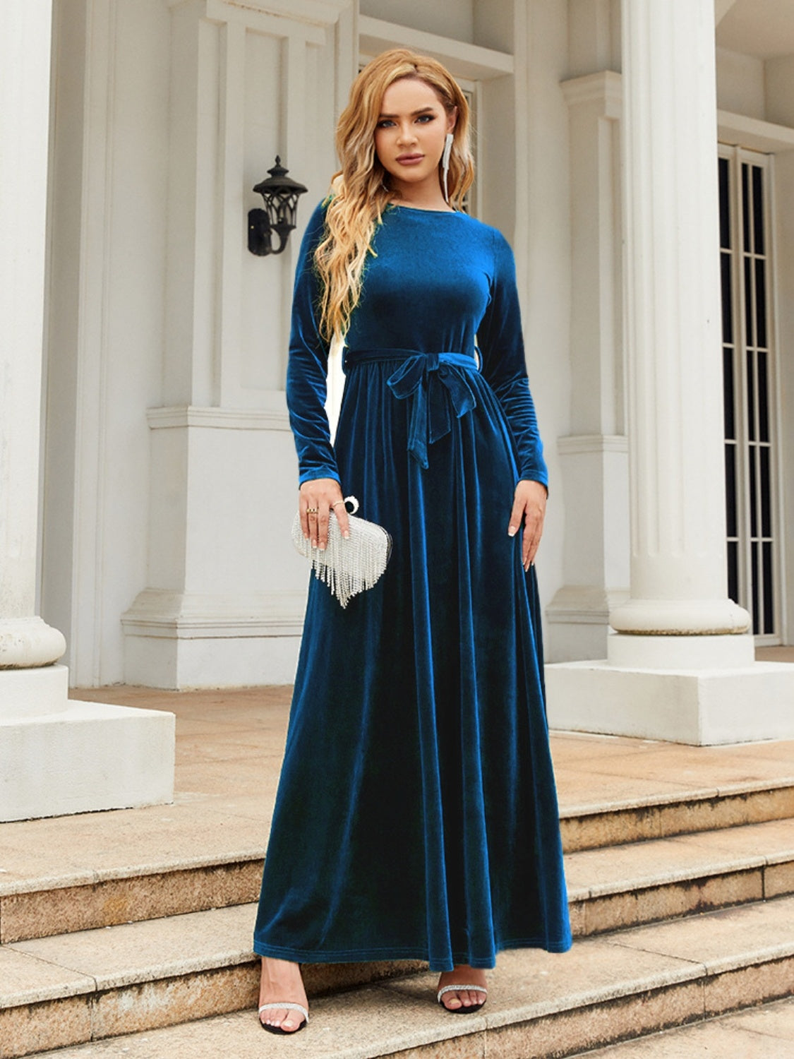 Tie Front Round Neck Long Sleeve Maxi Dress light blue