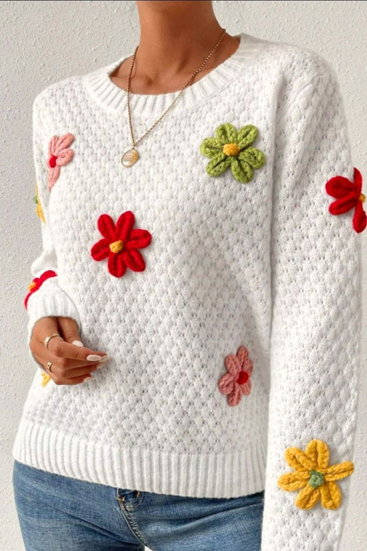 Crochet Flower Round Neck Long Sleeve Sweater