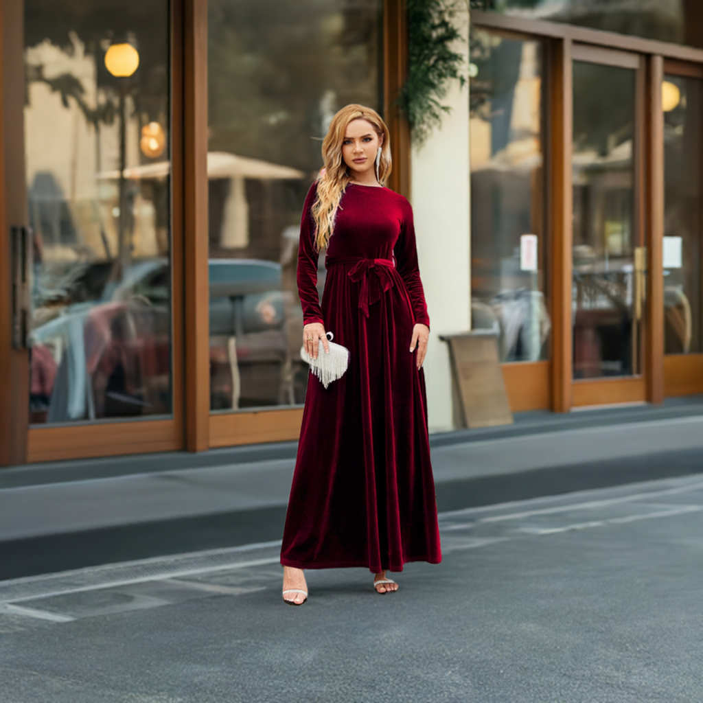 Tie Front Round Neck Long Sleeve Maxi Dress - EmelBoutique