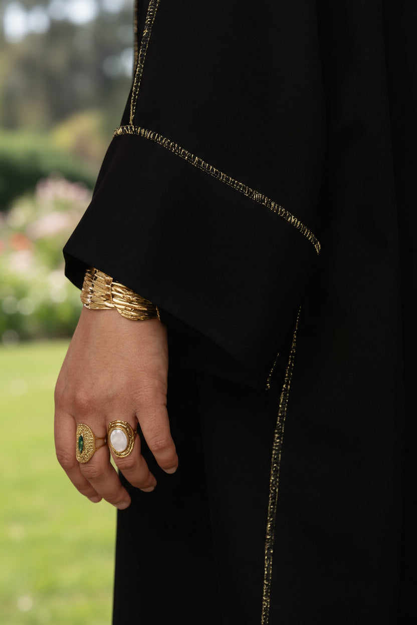 Black Silk and Gold Thread Open Front Abaya