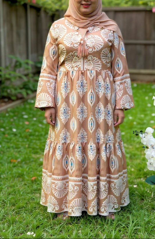 Plus Size Beige Printed Cotton Dress