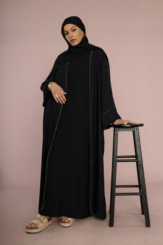 Black Silk and Gold Thread Open Front Abaya