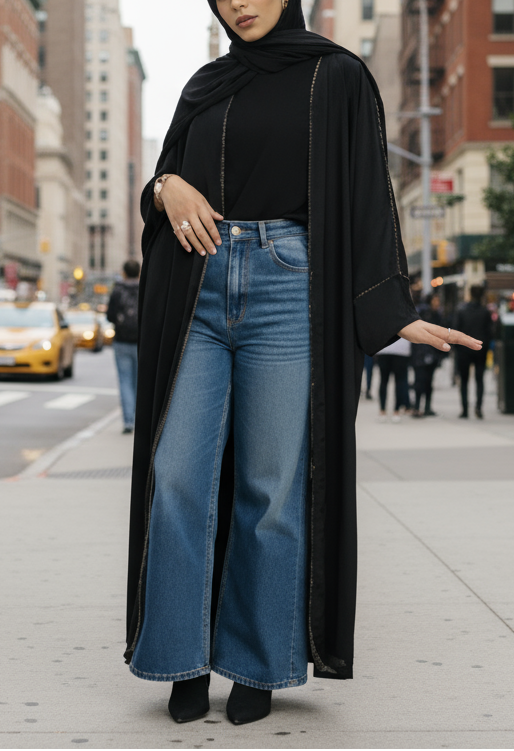 Woman in black hijab and long black abaya standing on a city street with taxis and pedestrians in the background.